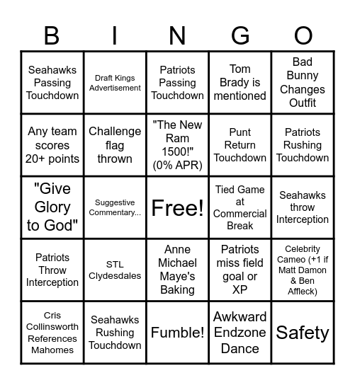 Super Bowl LX Bingo Card