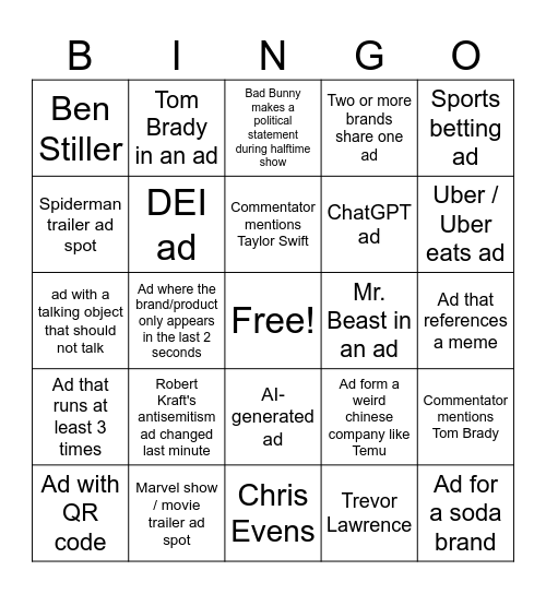 Superbowl Bingo Card