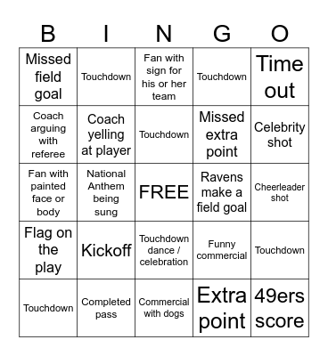 Super Bowl Bingo (Kids) Bingo Card