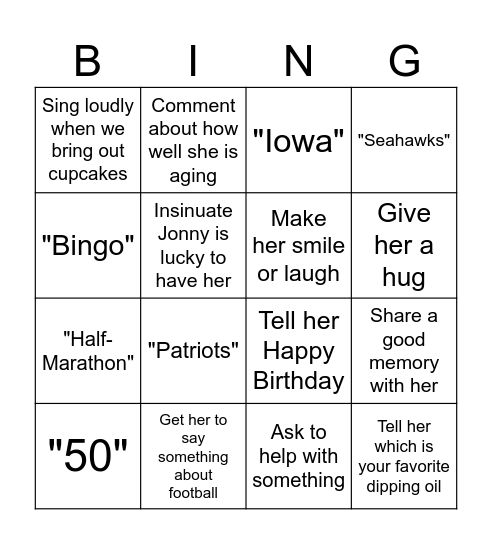 Tanya's 50th (Secret) Bingo Card