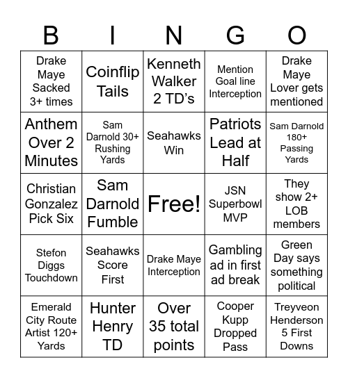 Superbowl Bingo Card