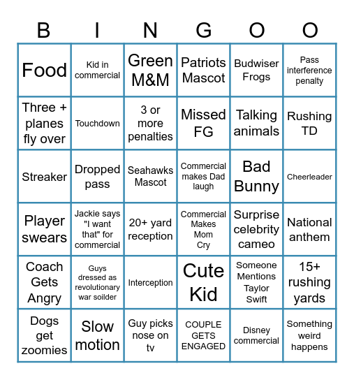 Superbowl Bingo Card