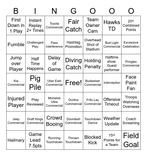 Superbowl Bingo Card