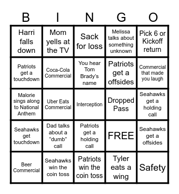 Super Bowl Bingo Card