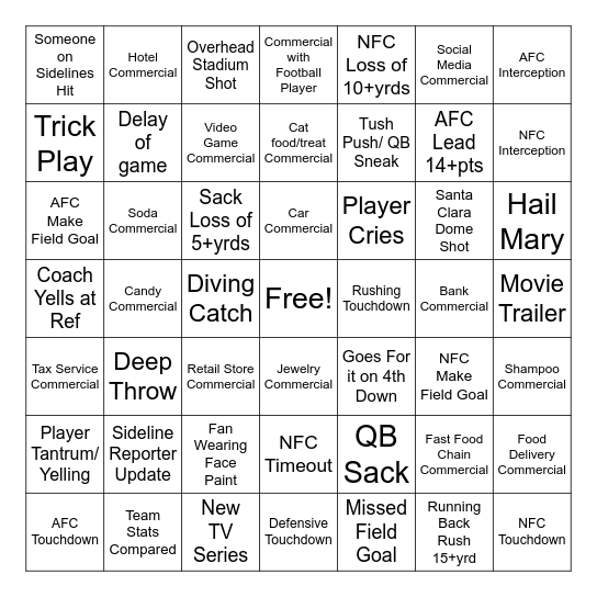 Super Bowl Bingo Card