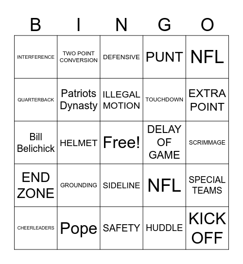 Super Bowl Bingo Card