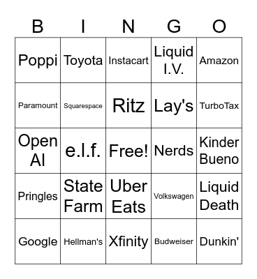 Superbowl Commercials Bingo Card