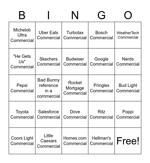 Superbowl Bingo Card