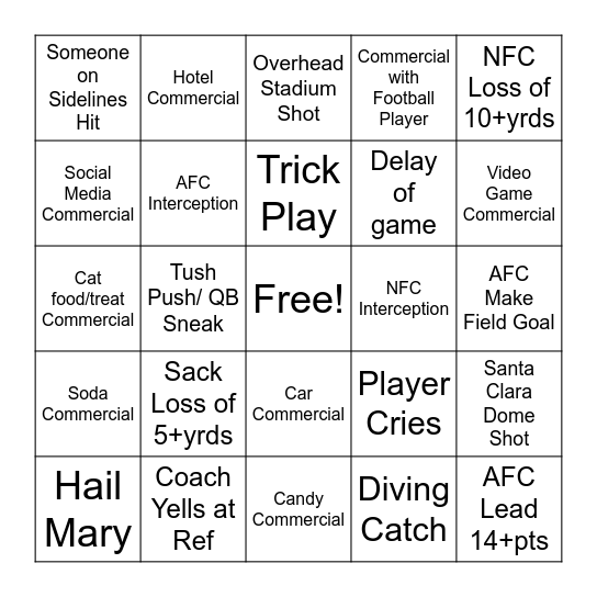 Super Bowl Bingo Card