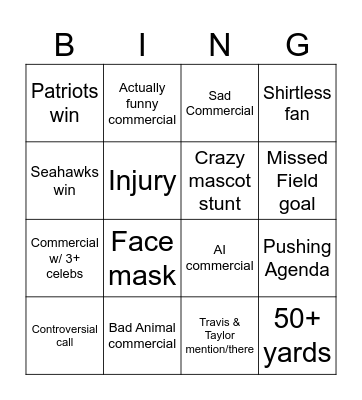 Super Bowl Bingo Card