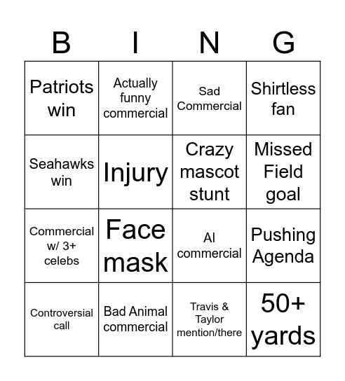 Super Bowl Bingo Card