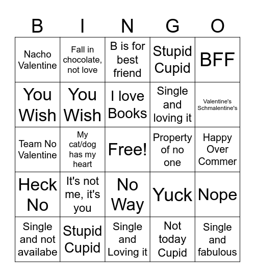 West End Grill's Anti Valentine's Day Bingo Card