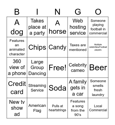 Super Bowl Commercial Bingo Card