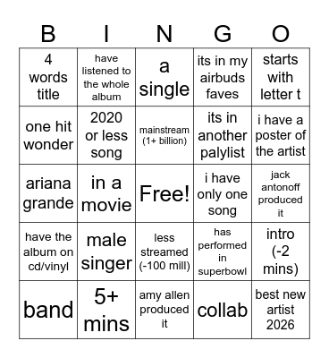 My SONGS Bingo Card