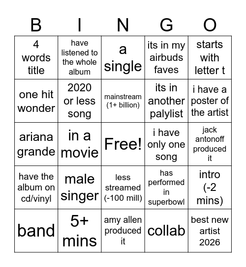 My SONGS Bingo Card