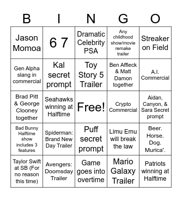 Super Bowl LX Bingo Card