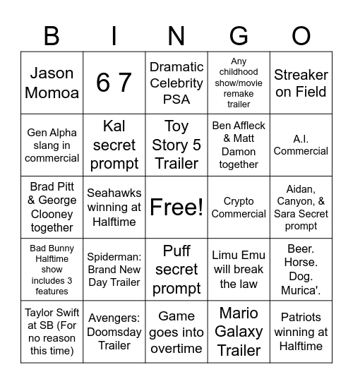 Super Bowl LX Bingo Card