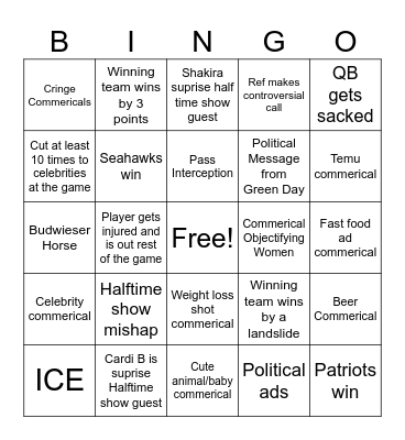Super Bowl Bingo Card