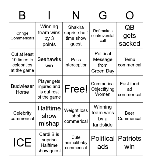 Super Bowl Bingo Card