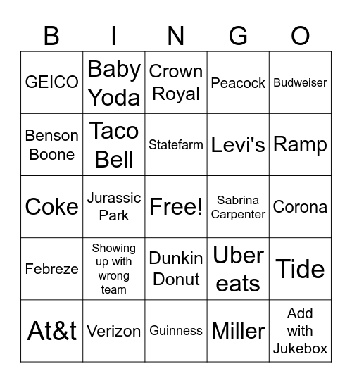 Super Bowl Bingo Card