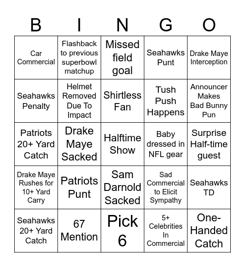 Superbowl LX Bingo Card