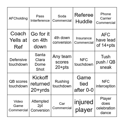 Super Bowl Bingo Card