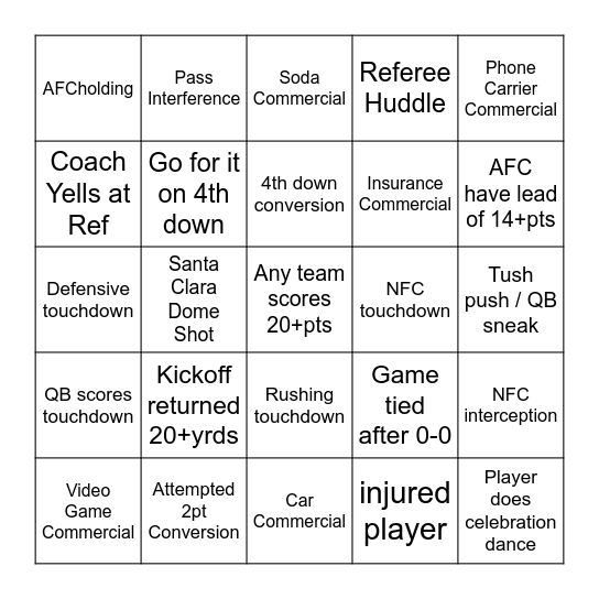 Super Bowl Bingo Card
