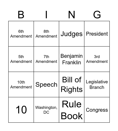 Mr Hill's Constitution Bingo Card