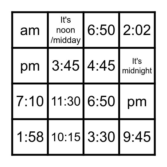 telling the time bingo Card