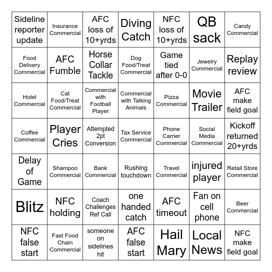 Super Bowl Bingo Card