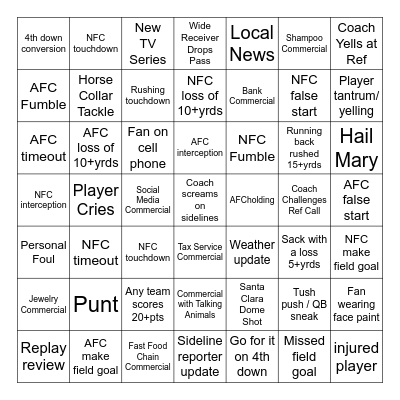 Super Bowl Bingo Card