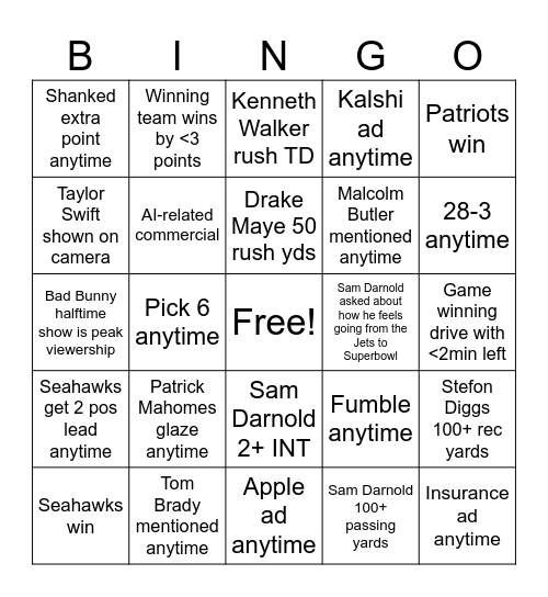 SUPERBOWL BINGO Card