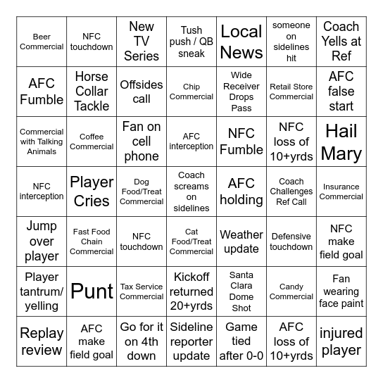 Super Bowl Bingo Card