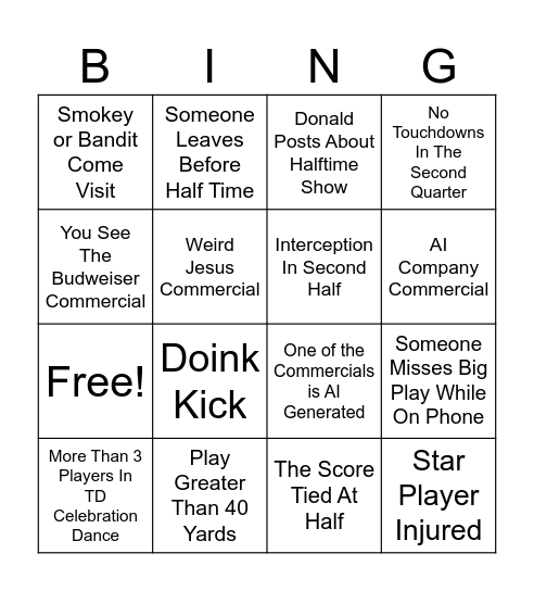 Super Bowl Bingo Card