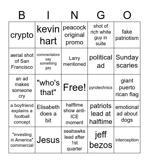 super bowl Bingo Card