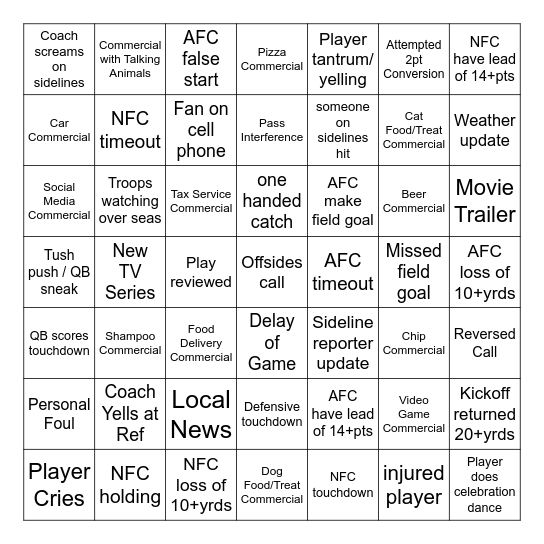 Super Bowl Bingo Card