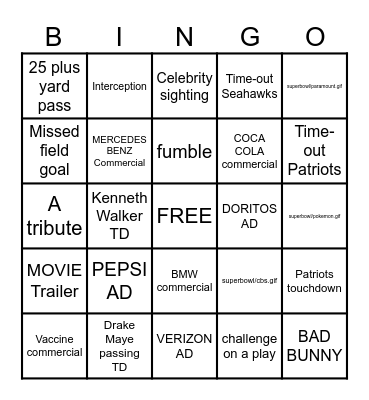 Super Bowl 51 Bingo Card