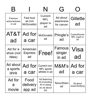 Super Bowl LX Bingo (Ads) Bingo Card