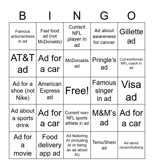 Super Bowl LX Bingo (Ads) Bingo Card