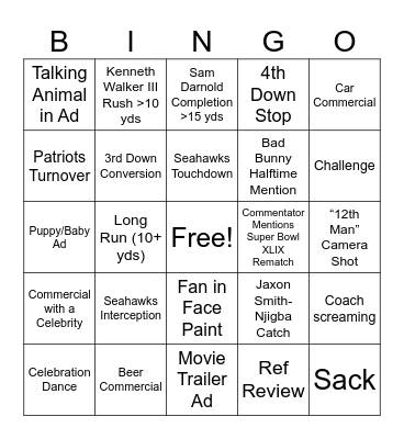 Super Bowl LX Bingo Card