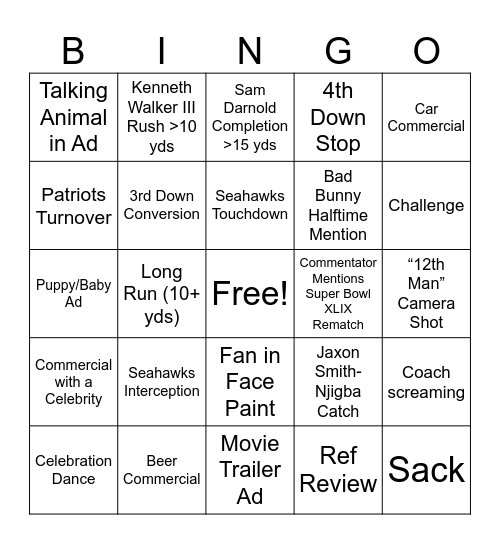 Super Bowl LX Bingo Card