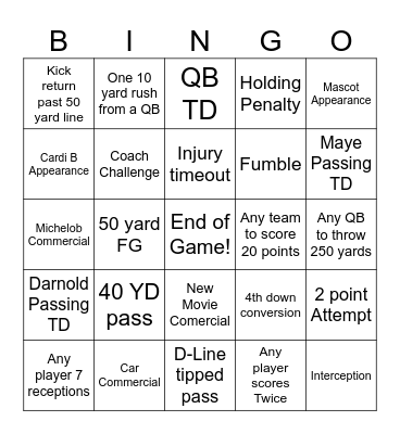 Super Bowl 60 Bingo Card