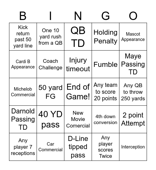 Super Bowl 60 Bingo Card