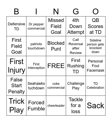 Superbowl 2026 Bingo Card