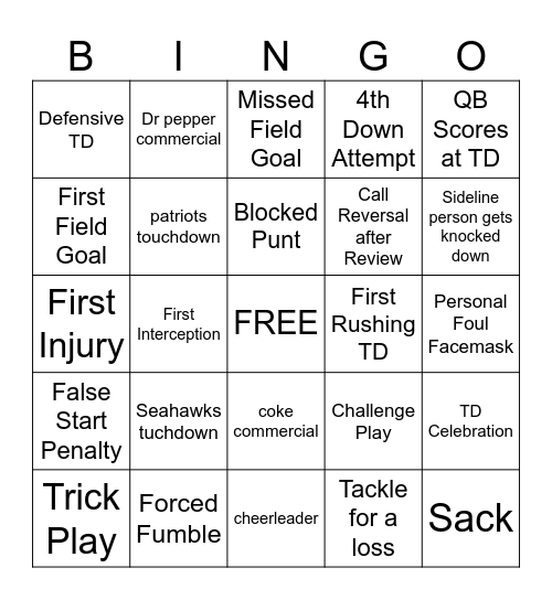 Superbowl 2026 Bingo Card