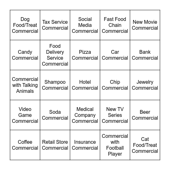 Super Bowl Bingo Card