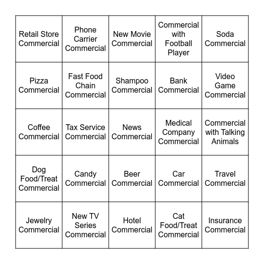 Super Bowl Bingo Card