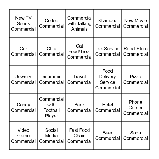 Super Bowl Bingo Card