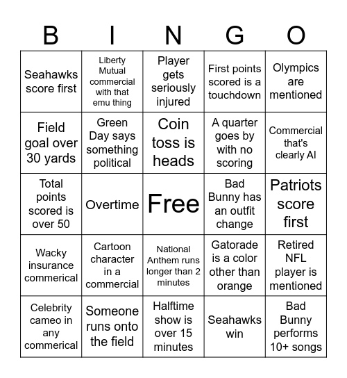 Super bowl bingo Card