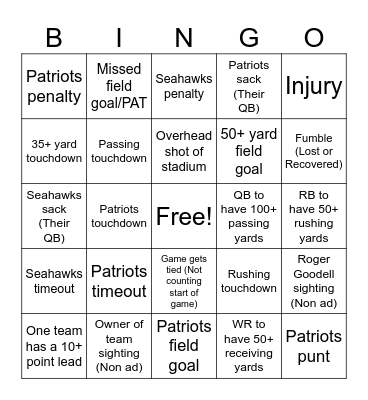 Super Bowl LX Bingo (Game) Bingo Card